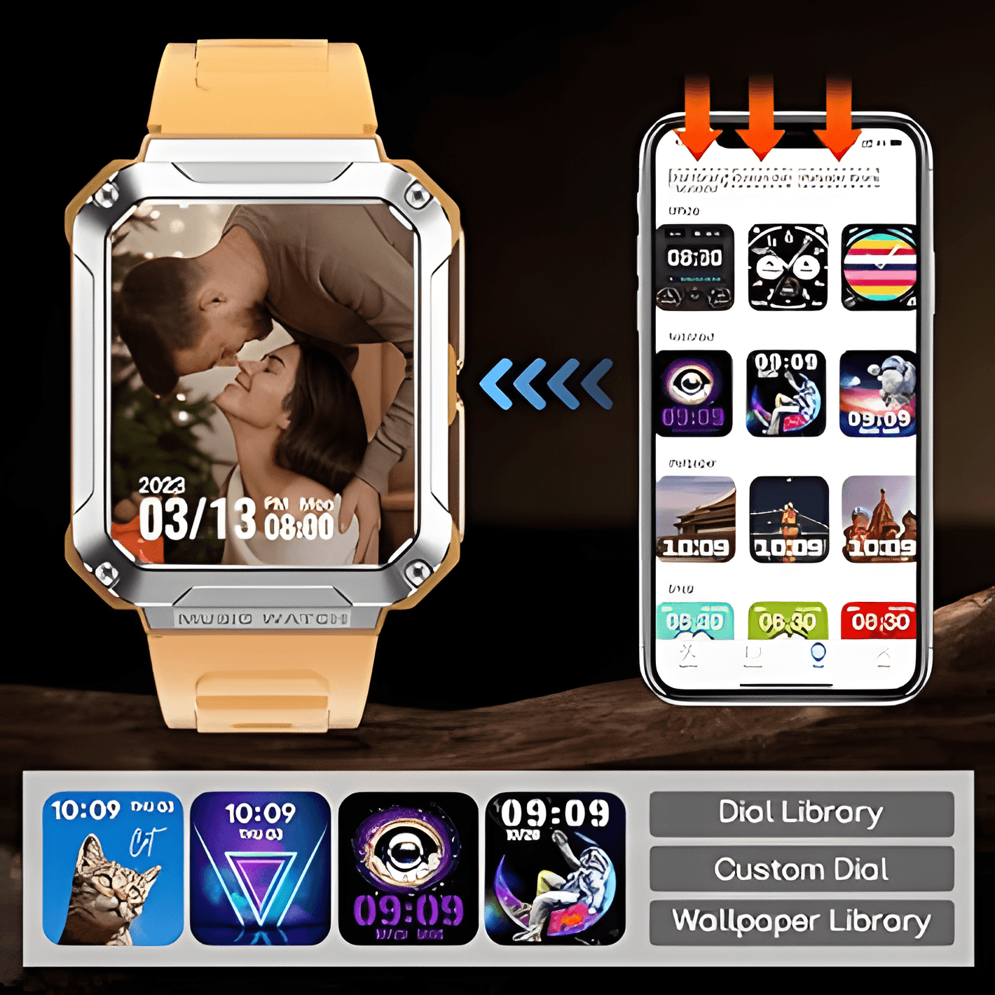 Ceas smartwatch cu casti Bluetooth incorporate, USSPY, ritm cardiac, tensiune arteriala, calorii, monitor de somn, pedometru si tracker de fitness, afisaj HD de 1,96 inchi, portocaliu