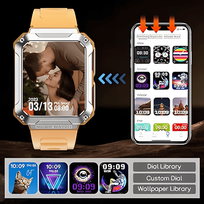 Ceas smartwatch cu casti Bluetooth incorporate, USSPY, ritm cardiac, tensiune arteriala, calorii, monitor de somn, pedometru si tracker de fitness, afisaj HD de 1,96 inchi, portocaliu